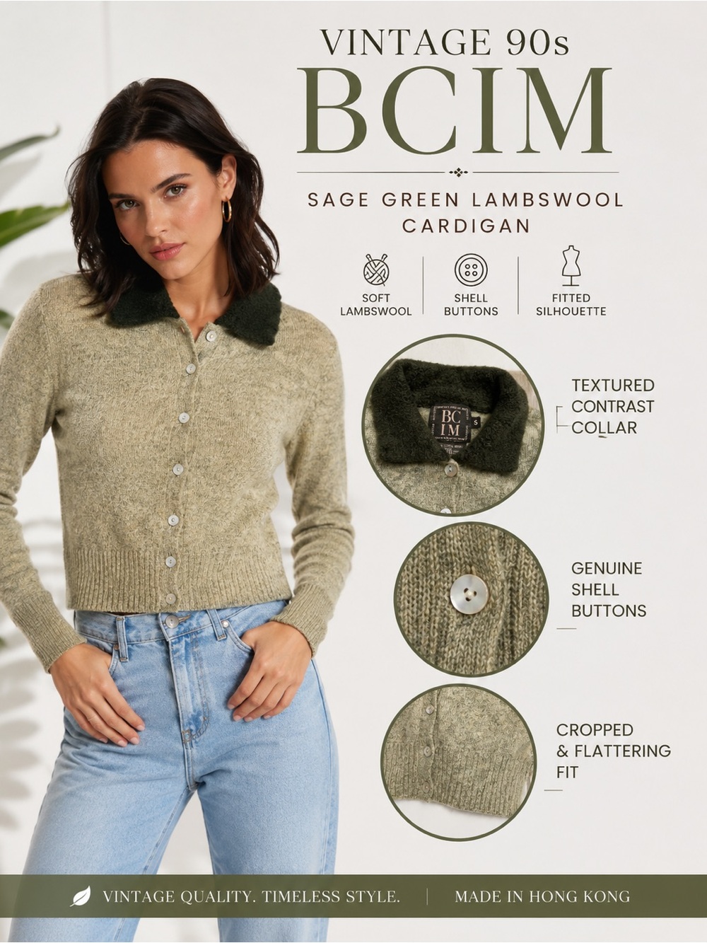 Vintage 90s BCIM Bedo Sage Green Lambswool Cardigan Collared Button Up Knit S